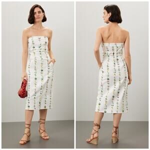 Adam Lippes Women's Dress White Floral Stripe Strapless Midi Dress Size 14